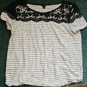Ann Taylor Black and White Striped Top with Lace Detail